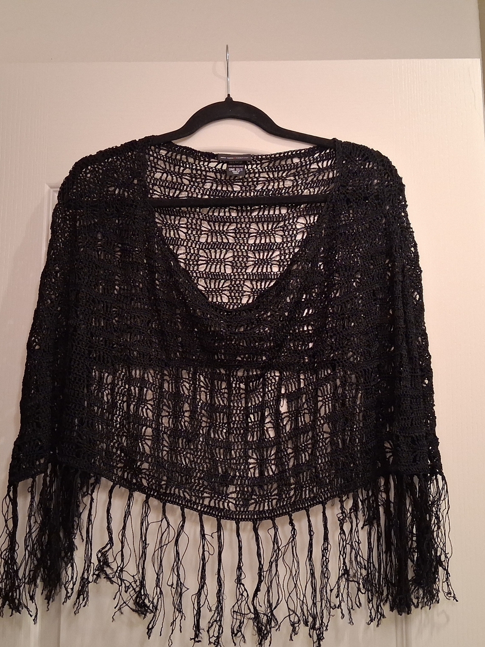 New York & Company Black Crochet Fringe Poncho Top